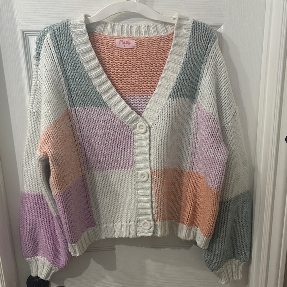 Pixley Cream and Orange Cardigan Sweater V-Neck